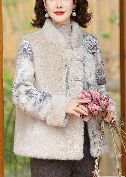 Women Beige Button Patchwork Mink Velvet Coats Winter RZ028