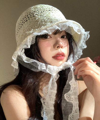 Women Beige Lace Hollow Out Straw Woven Floppy Sun Hat WB028