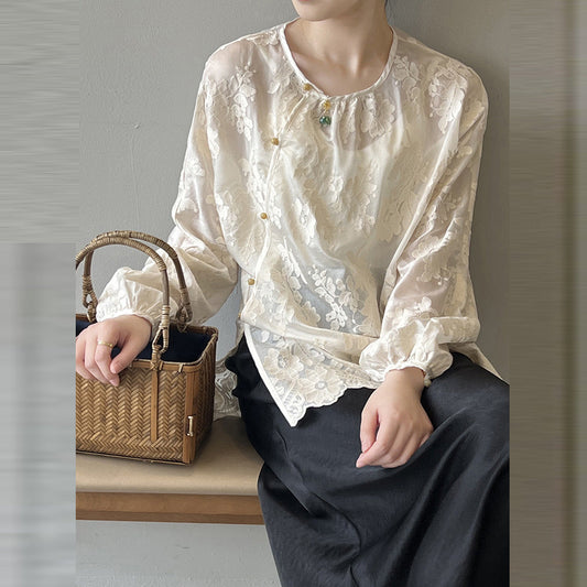 Beige Chiffon-Shirts mit Rundhalsausschnitt und langen Ärmeln für Damen VB1086