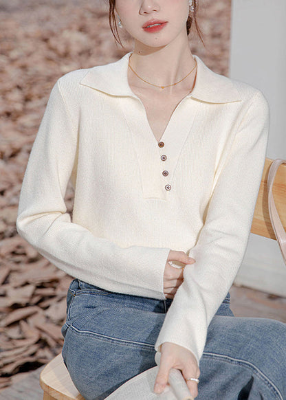 Women Beige Peter Pan Collar Button Knit Sweater Spring TF033