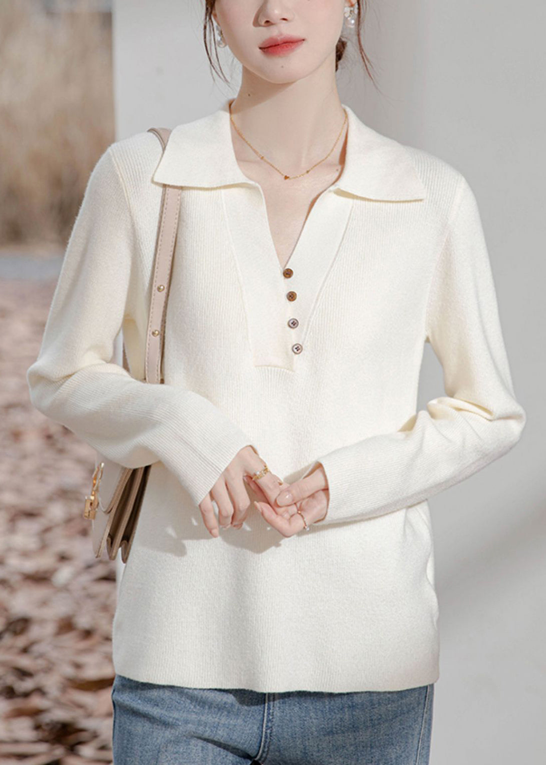 Women Beige Peter Pan Collar Button Knit Sweater Spring TF033