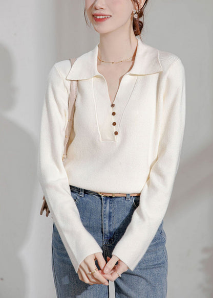 Women Beige Peter Pan Collar Button Knit Sweater Spring TF033