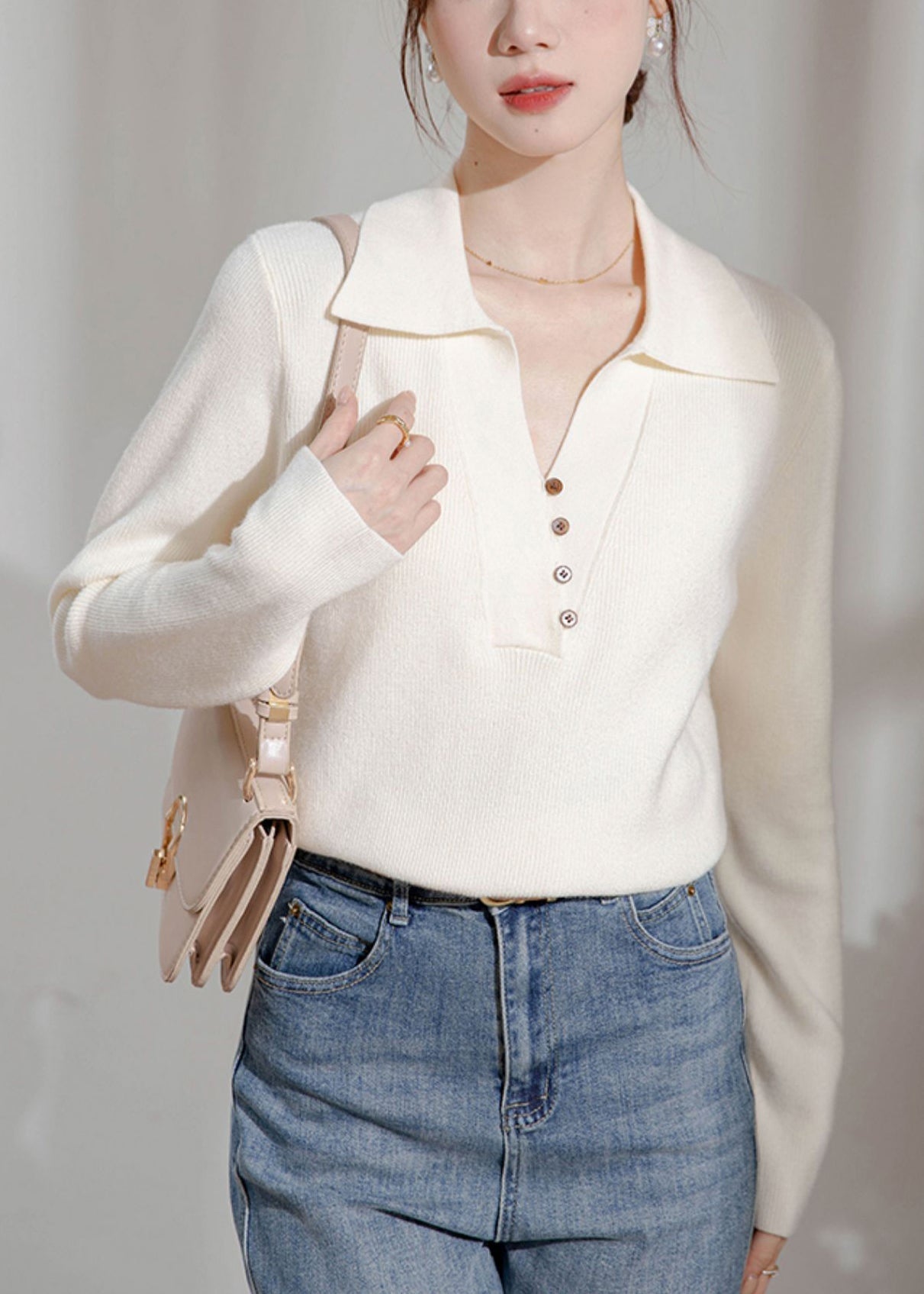 Women Beige Peter Pan Collar Button Knit Sweater Spring TF033