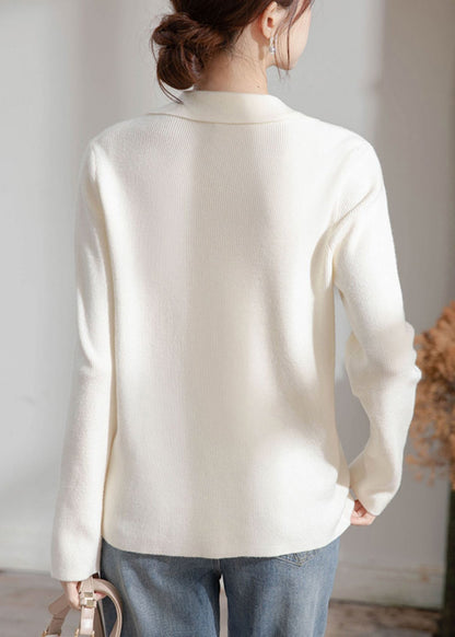 Women Beige Peter Pan Collar Button Knit Sweater Spring TF033