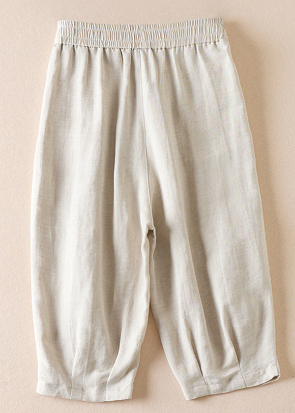 Women Beige Pockets Wrinkled Elastic Waist Cotton Shorts Summer AM1039