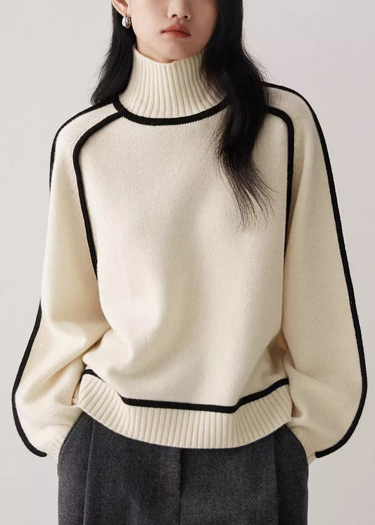 Women Beige Turtleneck Cozy Patchwork Knit Sweater Spring YW048