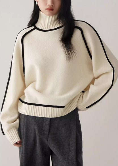 Women Beige Turtleneck Cozy Patchwork Knit Sweater Spring YW048