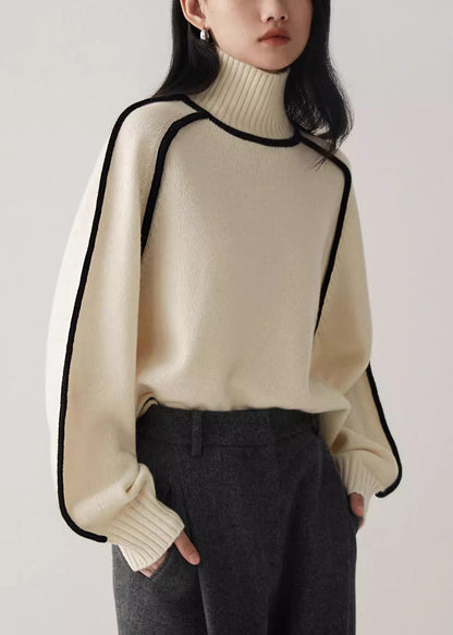 Women Beige Turtleneck Cozy Patchwork Knit Sweater Spring YW048