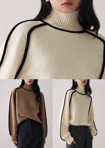 Women Beige Turtleneck Cozy Patchwork Knit Sweater Spring YW048