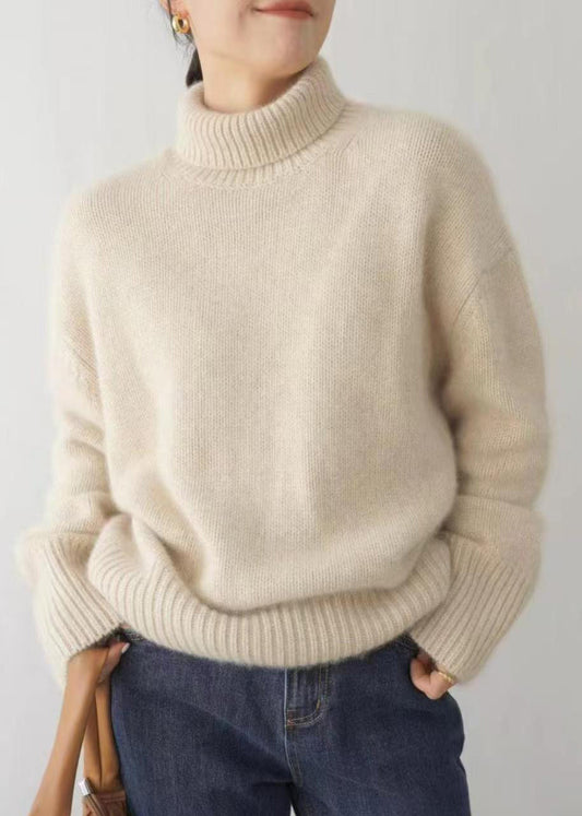 Women Beige Turtleneck Solid Knit Sweater Winter TF032