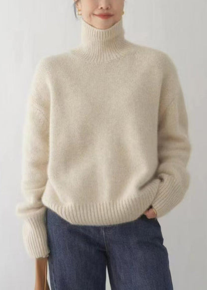 Women Beige Turtleneck Solid Knit Sweater Winter TF032