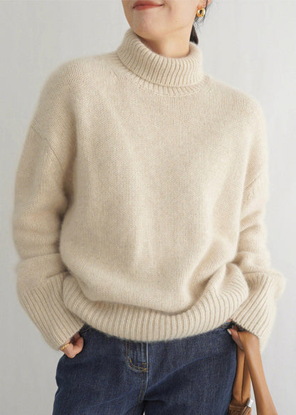 Women Beige Turtleneck Solid Knit Sweater Winter TF032