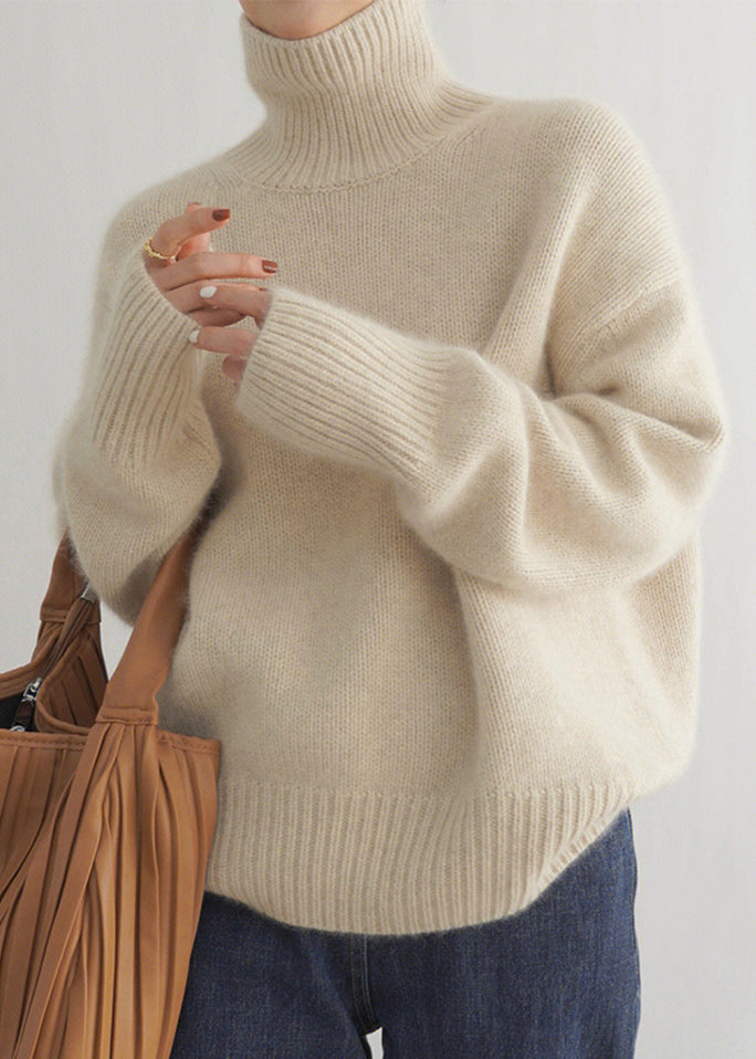 Women Beige Turtleneck Solid Knit Sweater Winter TF032