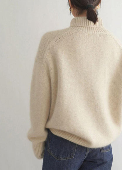 Women Beige Turtleneck Solid Knit Sweater Winter TF032