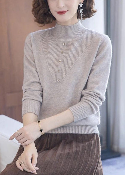 Women Beige Turtleneck Solid Wool Knit Tops Long Sleeve TB005