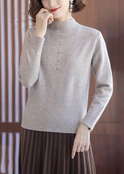 Women Beige Turtleneck Solid Wool Knit Tops Long Sleeve TB005