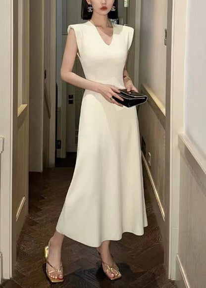 Women Beige V Neck Solid Cotton Long Dresses Sleeveless ZL019