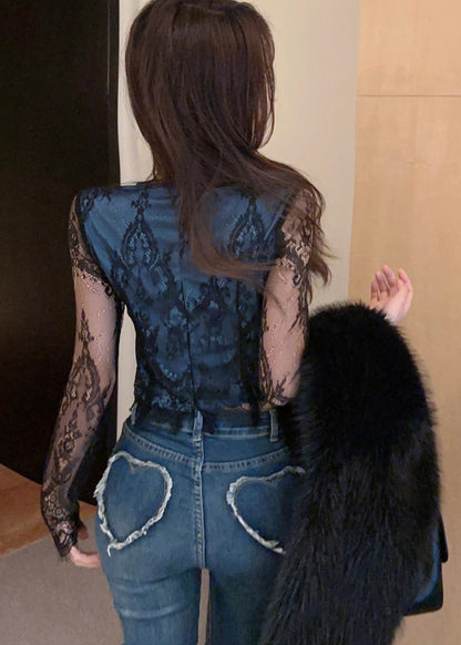 Women Black Hollow Out Patchwork Lace Tops YP016