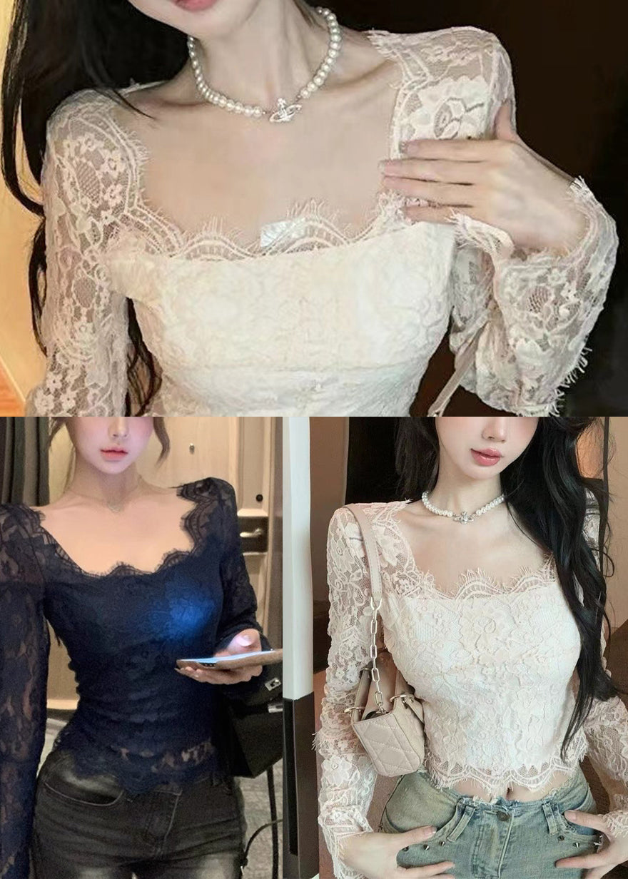 Women Black Hollow Out Sexy Lace Eyelash Tops Spring YP020