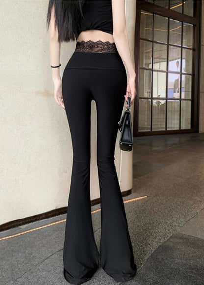 Women Black Mesh Panel Leggings Bell Bottom Leggings TD015