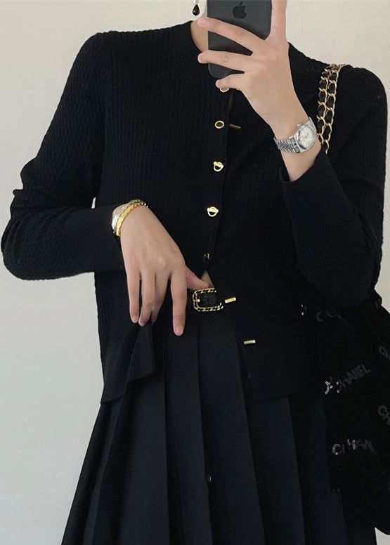 Women Black O Neck Button Patchwork Knit Cardigan Fall TU040