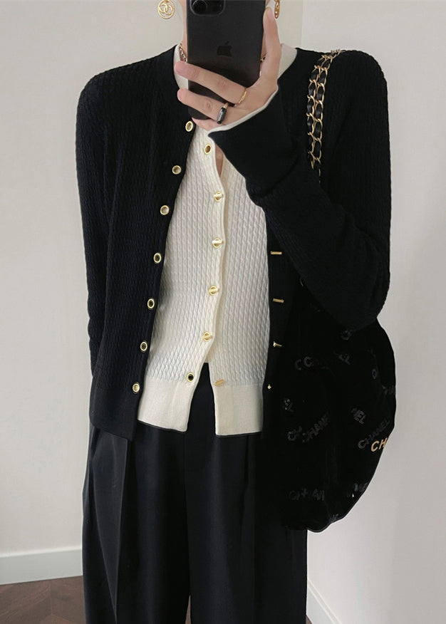 Women Black O Neck Button Patchwork Knit Cardigan Fall TU040