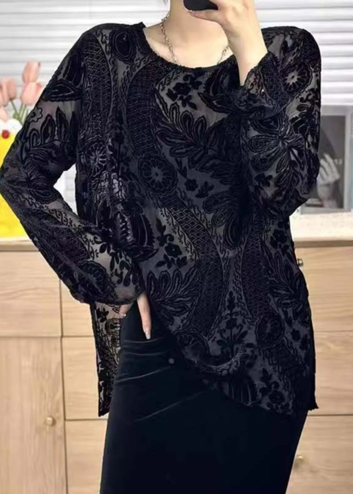 Women Black O Neck Jacquard Silk Velour Shirt Tops Fall WP050