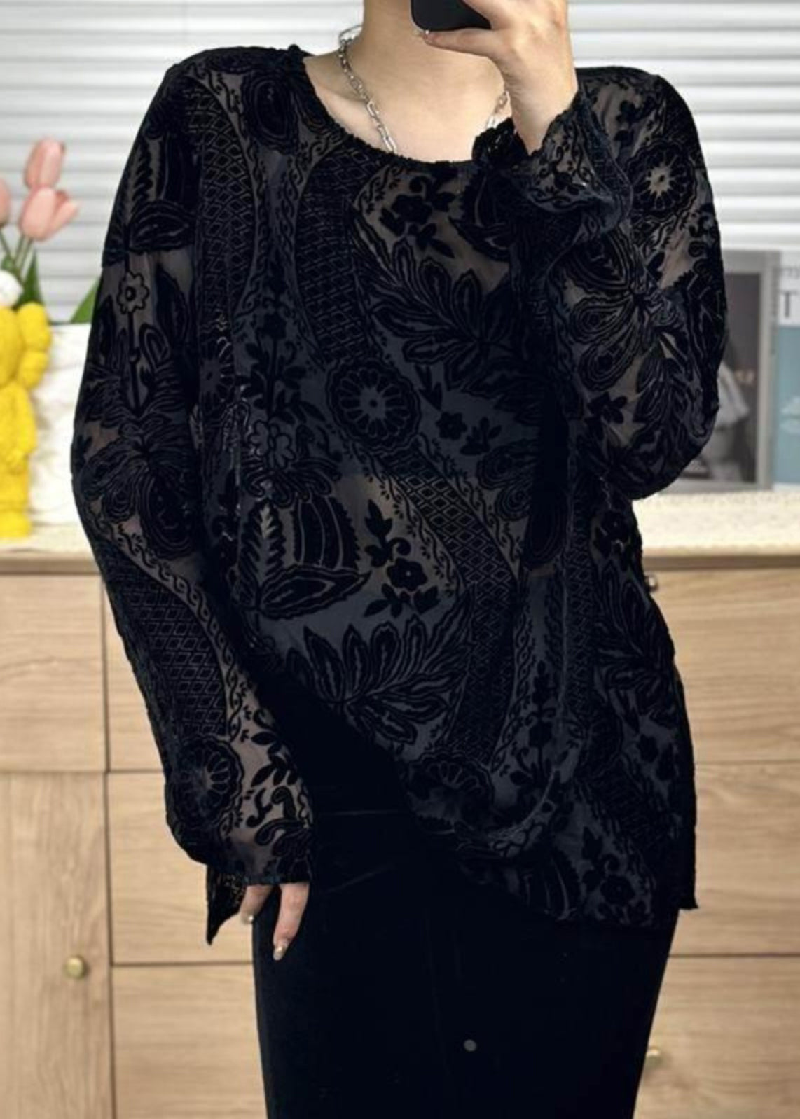 Women Black O Neck Jacquard Silk Velour Shirt Tops Fall WP050