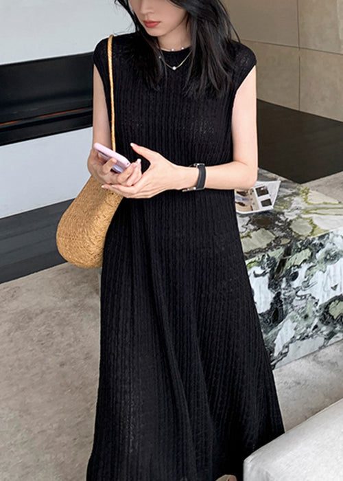 Women Black O-Neck Solid Knit Long Dresses Summer ZL010