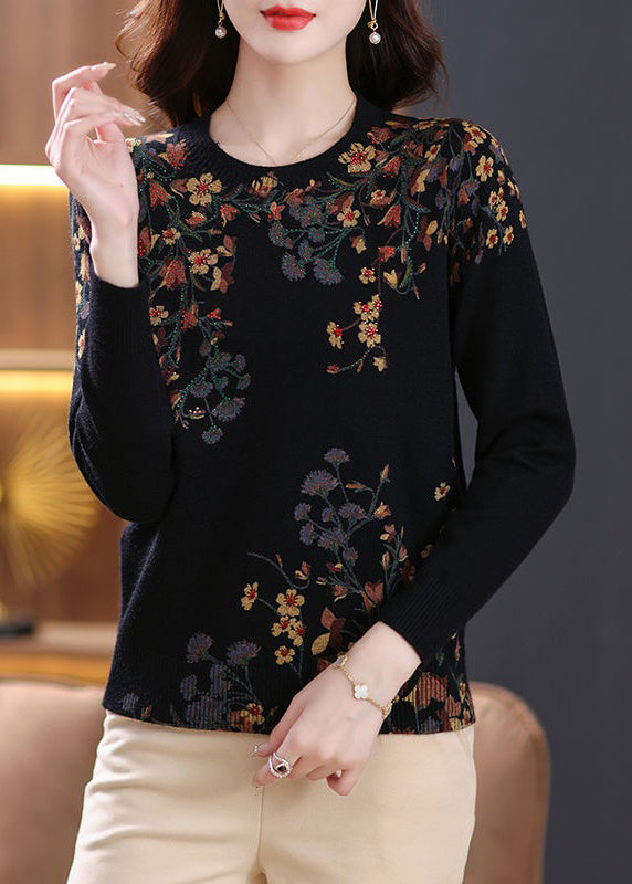 Women Black O Neck Zircon Print Wool Knit Top Spring TB014