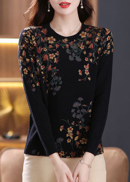 Women Black O Neck Zircon Print Wool Knit Top Spring TB014