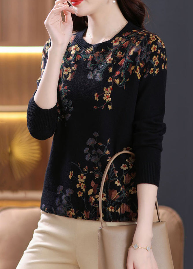 Women Black O Neck Zircon Print Wool Knit Top Spring TB014