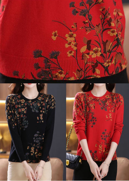 Women Black O Neck Zircon Print Wool Knit Top Spring TB014