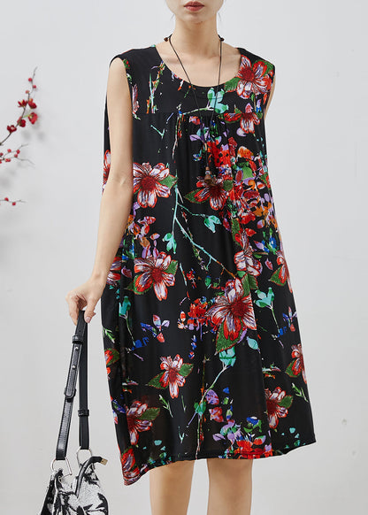 Women Black Oversized Print Cotton Mid Dress Summer AP1078