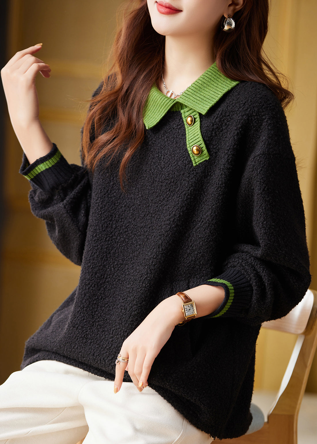 Women Black Peter Pan Collar Faux Fur Pullover Sweatshirt Fall QL057