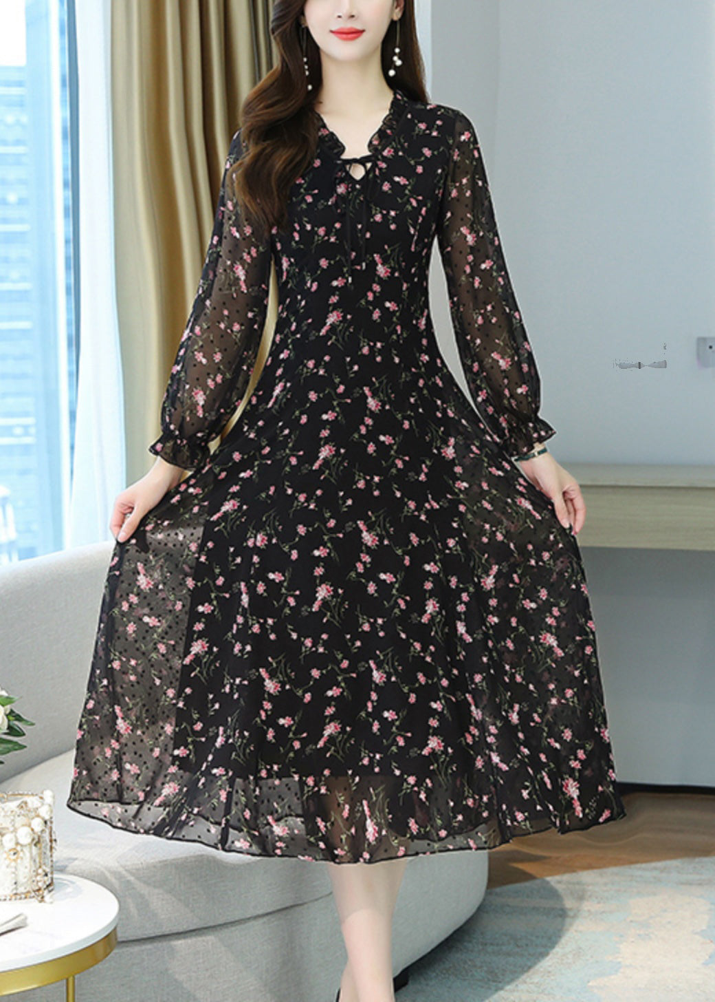 Women Black Ruffled Print Chiffon Long Dress Spring OO022