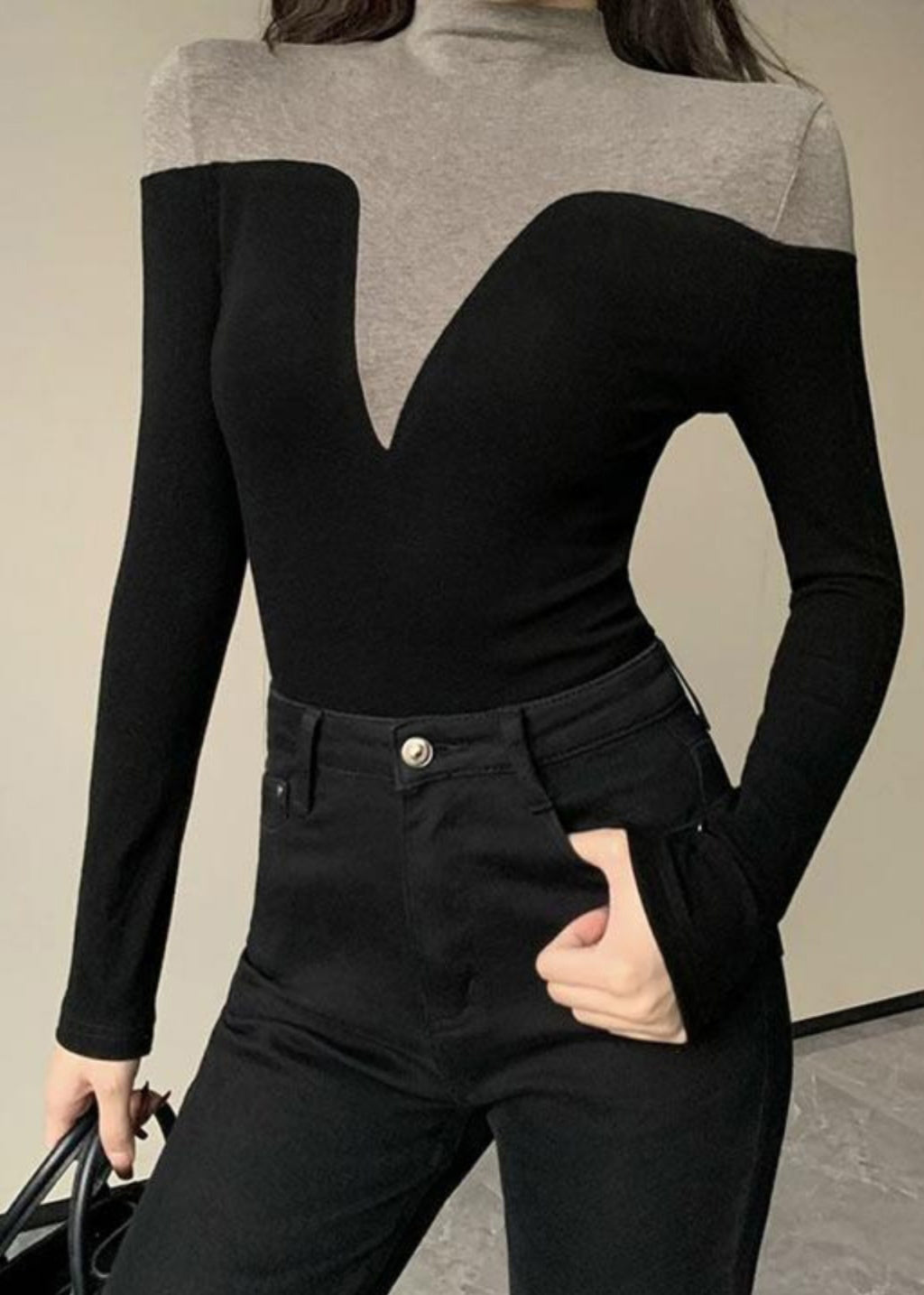 Women Black Stand Collar Patchwork Cotton Tops Spring YP014