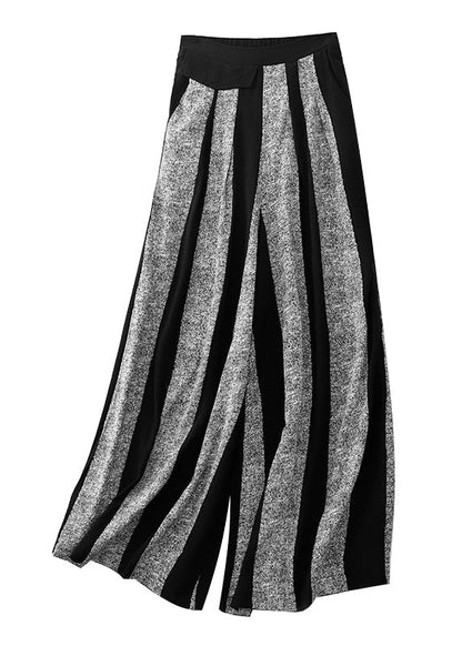 Women Black Striped Patchwork Cotton Wide Leg Pants Fall RU024