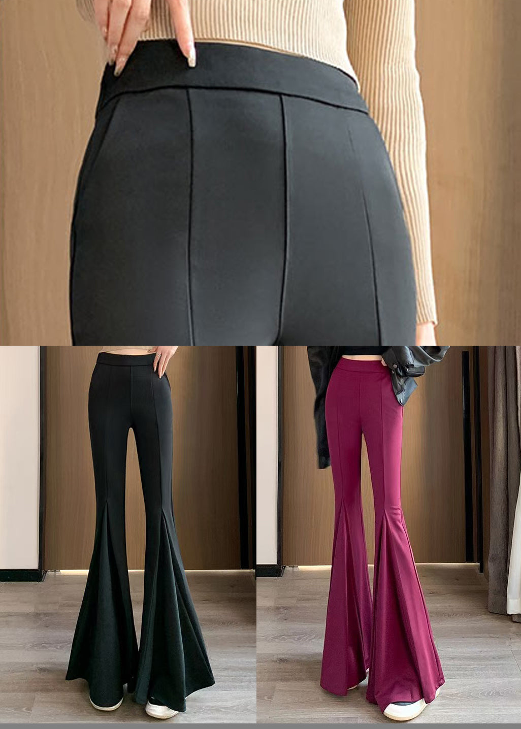 Women Black Tummy Control Spandex Bell-bottom Trousers Spring YP003