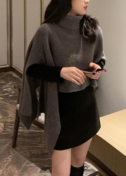 Women Black Turtleneck Asymmetrical Knit Cape Sweaters Spring YW040