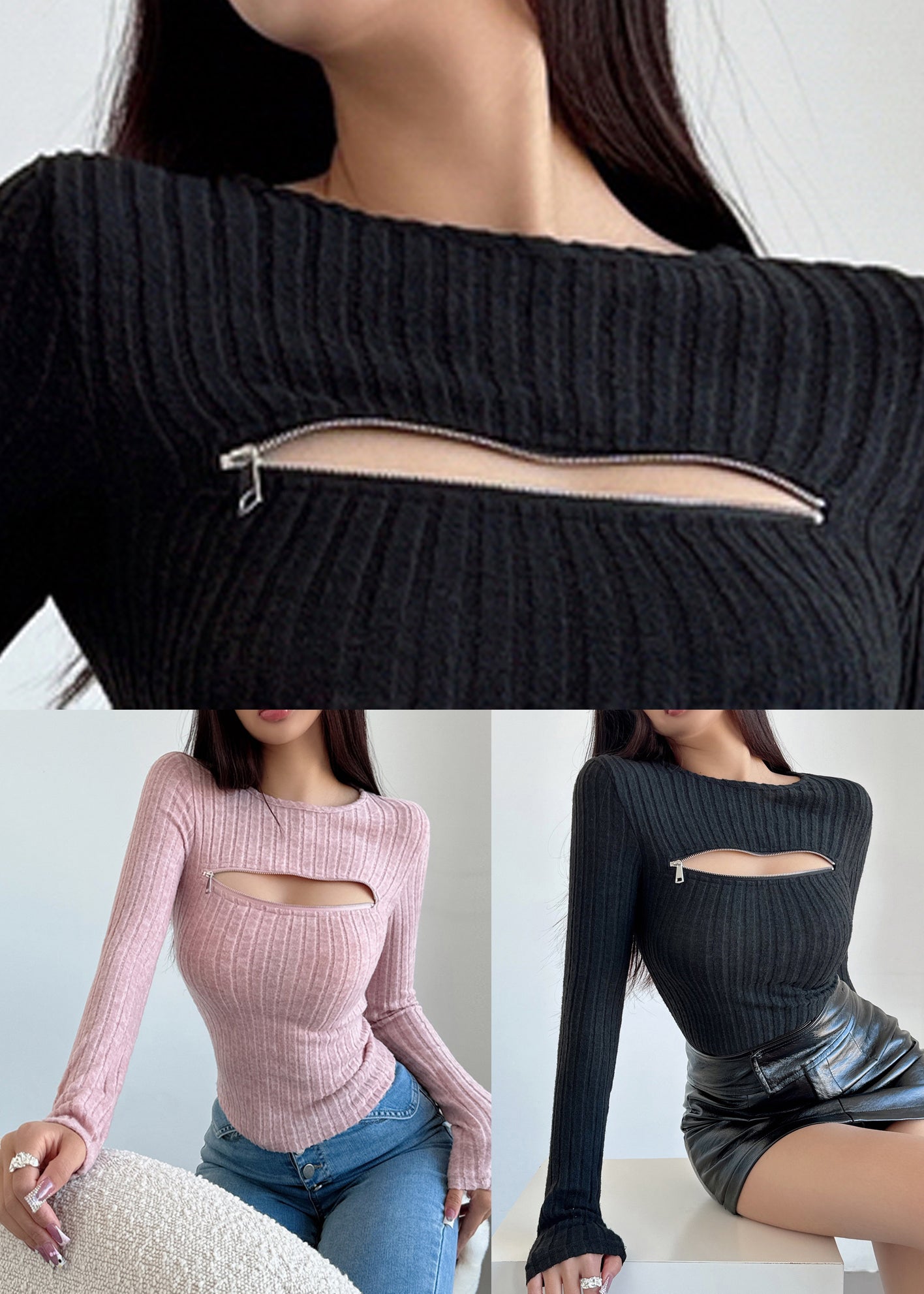 Women Black Zip Up Solid Knit Sweaters Fall AL1053