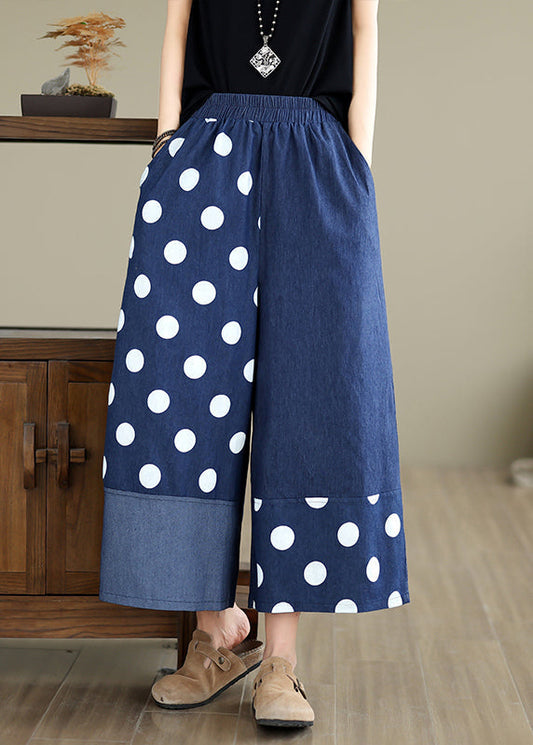 Women Blue Asymmetrical Patchwork Dot Print Pockets Wide Leg Pants Summer AP065