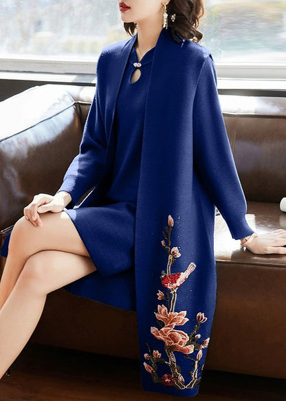 Women Blue Floral Zircon Knit Two Piece Set Clothing Spring TQ035