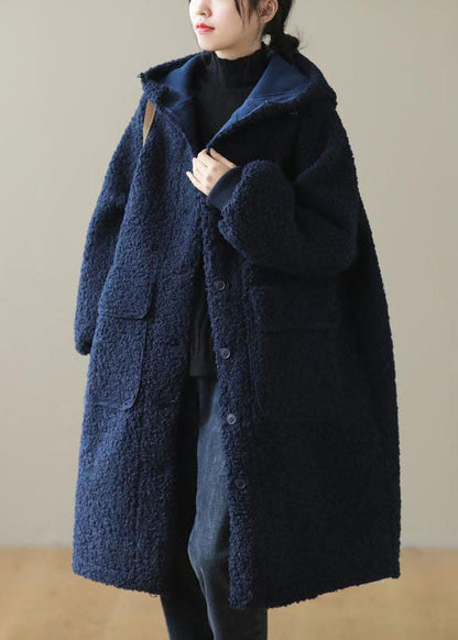 Manteau d'hiver en fausse fourrure à capuche bleu pour femme QD009