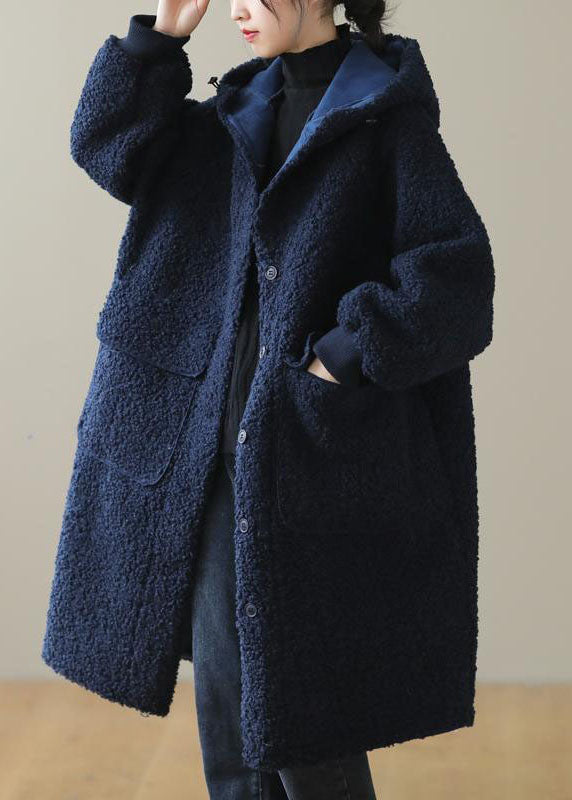 Manteau d'hiver en fausse fourrure à capuche bleu pour femme QD009