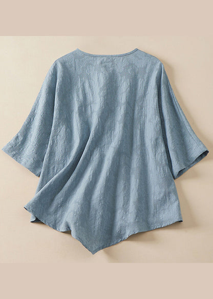 Women Blue O Neck Chinese Button Jacquard Linen Shirt Summer AM1041