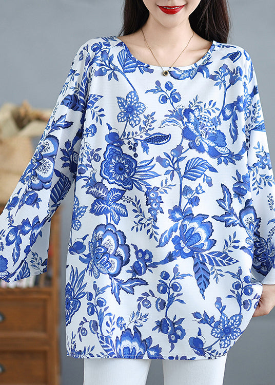 Women Blue O Neck Print Plus Size Cotton Tops Fall OO037