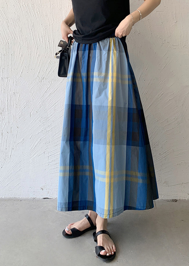 Women Blue Plaid Exra Large Hem Cotton Skirt Spring TZ009