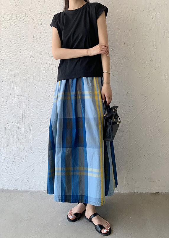 Women Blue Plaid Exra Large Hem Cotton Skirt Spring TZ009