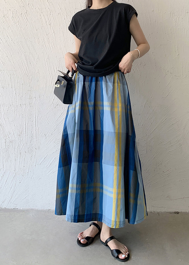 Women Blue Plaid Exra Large Hem Cotton Skirt Spring TZ009